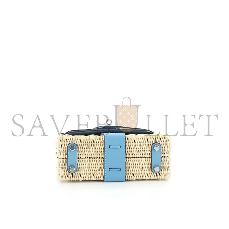 H**mes master picnic mini kelly 20 handbag bleu du nord swift and wicker with palladium hardware (20*14*8cm)
